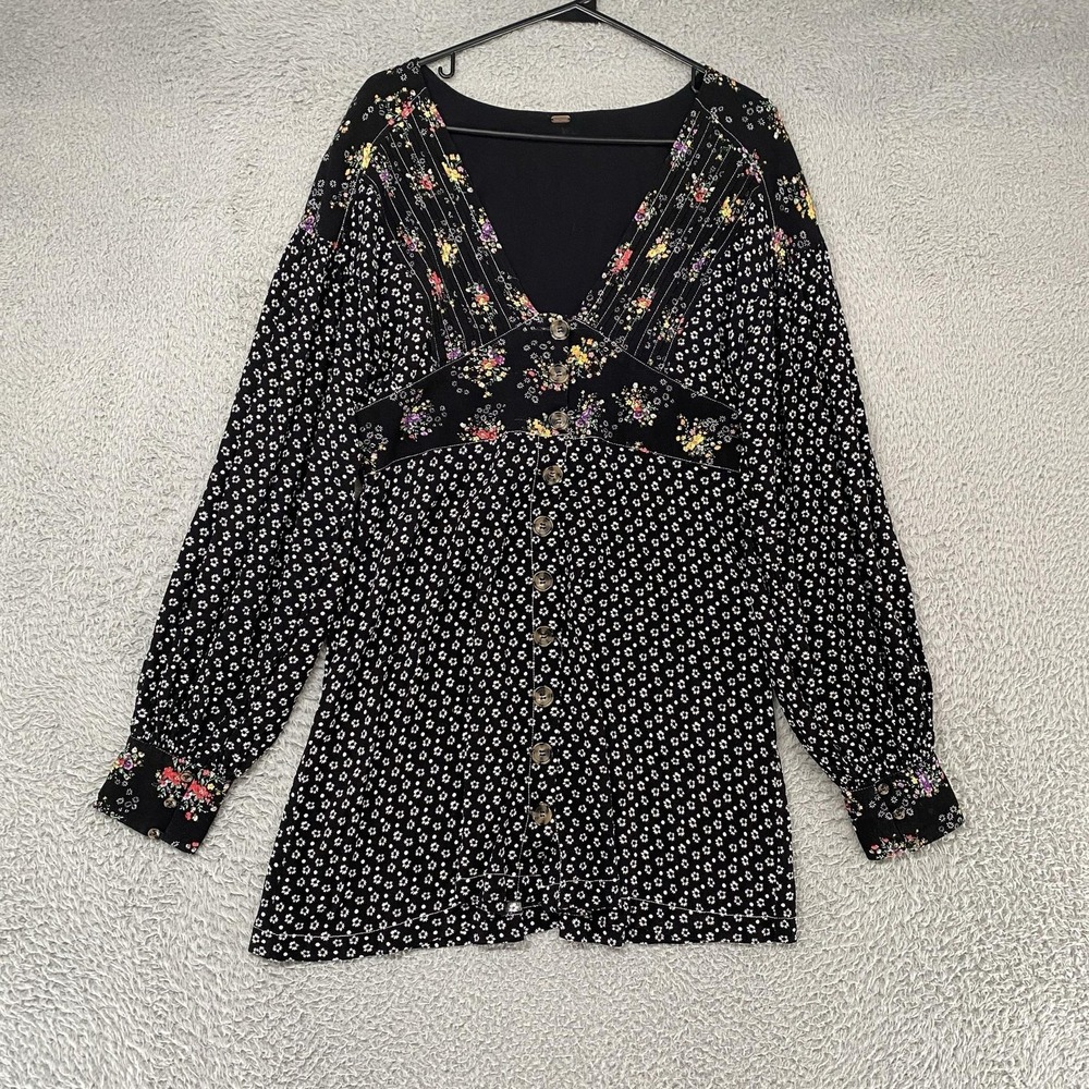 Free People Wonderland Dress Womens S Black Floral Ditsy Boho Button‎ Front Mini